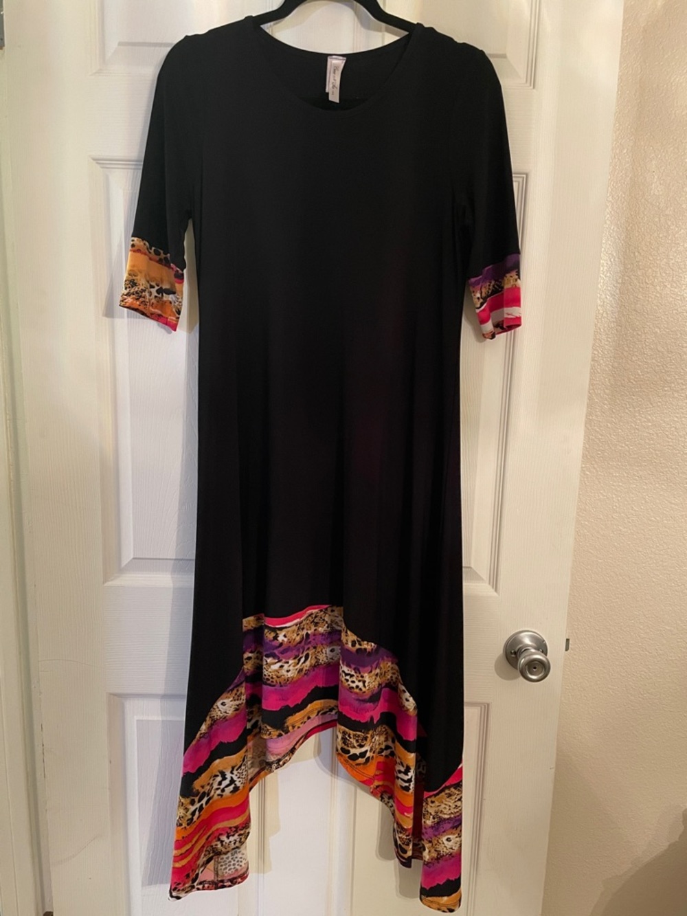 Black High-Low Dress with Multicolor Hem and Sleeve Trim